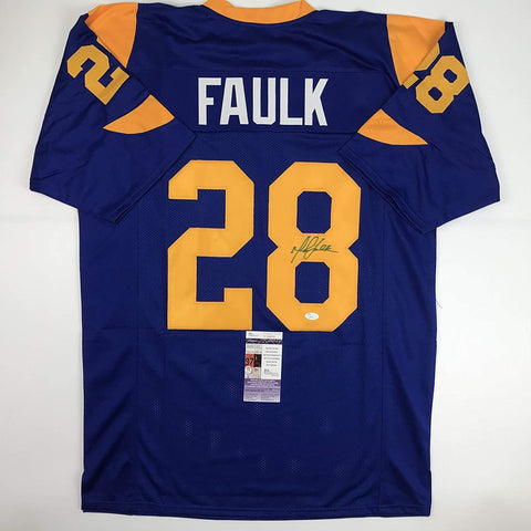 Autographed/Signed Marshall Faulk St. Louis Blue Football Jersey JSA COA