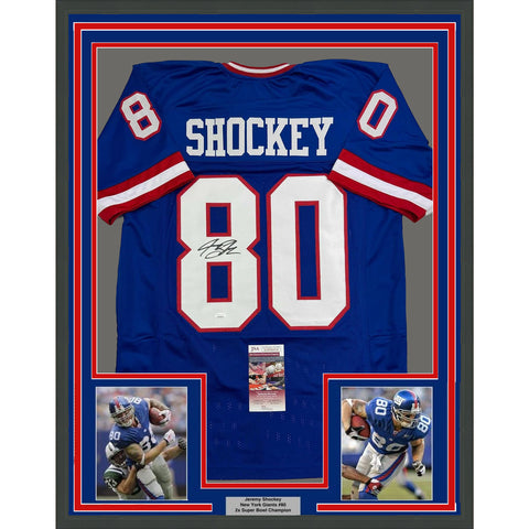 Framed Autographed/Signed Jeremy Shockey 35x39 New York Retro Jersey JSA COA #2