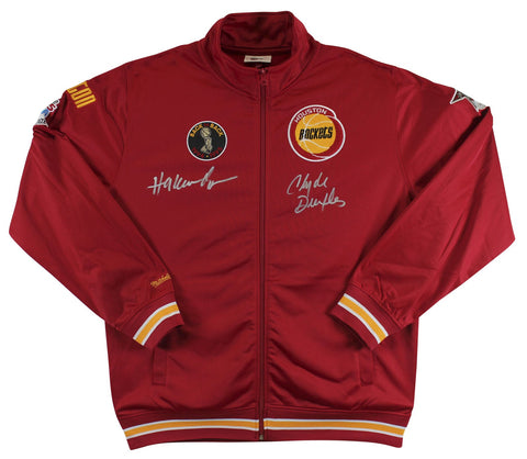 Rockets Hakeem Olajuwon & Clyde Drexler Signed Red M&N Warmup Jacket BAS Witness