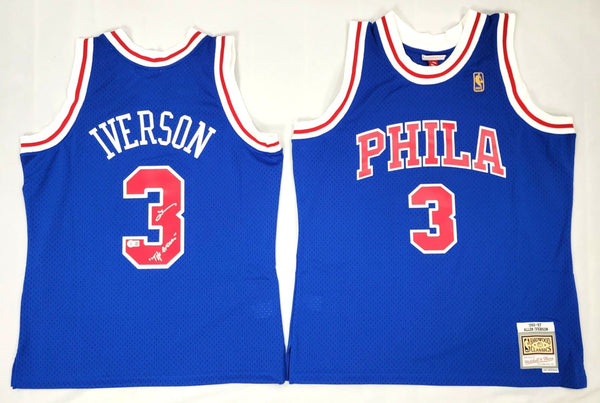 Allen Iverson Signed 76ers M&N Blue 96-97 Swingman Jersey W/ The Answer Beckett