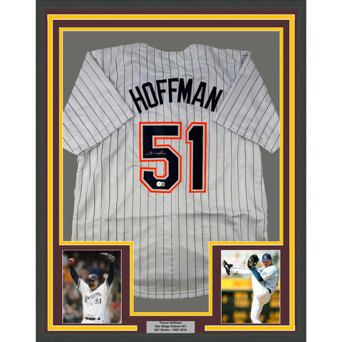 Framed Autographed/Signed Trevor Hoffman 33x42 San Diego Jersey BAS COA