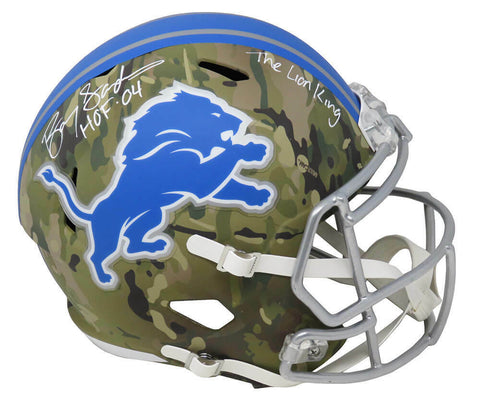 Barry Sanders Signed Lions CAMO Speed F/S Replica Helmet w/HOF, Lion King - SS