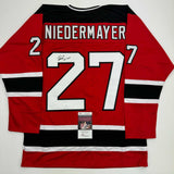 Autographed/Signed Scott Niedermayer "HOF 2013" New Jersey Red Jersey JSA COA