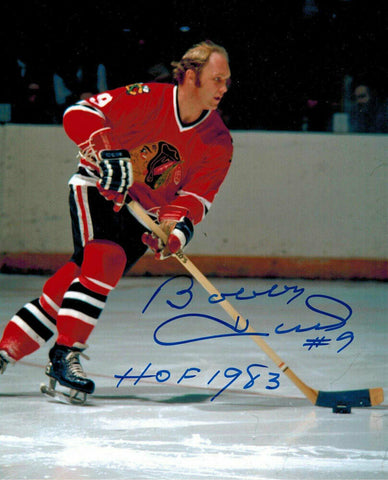 BOBBY HULL Signed Blackhawks Action 8x10 Photo w/HOF 1983 - SCHWARTZ