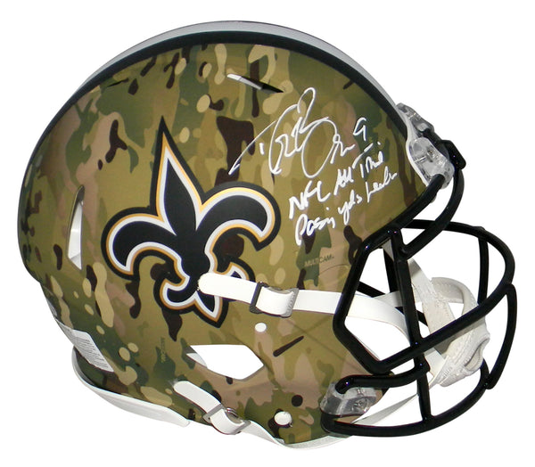 DREW BREES SIGNED NEW ORLEANS SAINTS CAMO AUTHENTIC HELMET W/ NFL PASSING LEADER