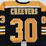 Autographed/Signed GERRY CHEEVERS HOF 85 Boston Black Hockey Jersey JSA COA Auto