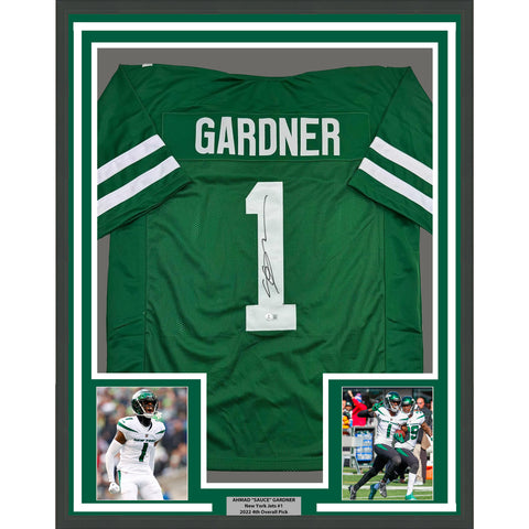 Framed Autographed/Signed Ahmad Sauce Gardner 35x39 Green Jersey Beckett BAS COA