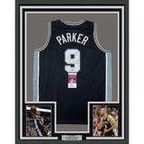 Framed Autographed/Signed Tony Parker 33x42 San Antonio Black Jersey JSA COA