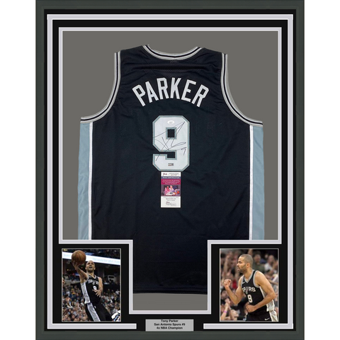 Framed Autographed/Signed Tony Parker 33x42 San Antonio Black Jersey JSA COA