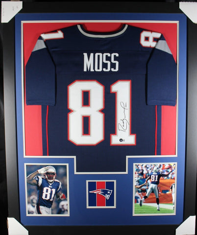 RANDY MOSS (Patriots blue TOWER) Signed Autographed Framed Jersey Beckett