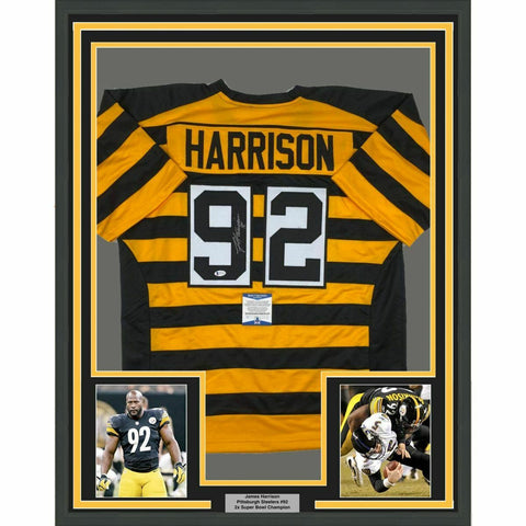 FRAMED Autographed/Signed JAMES HARRISON 33x42 Pitt Bumble Bee Jersey BAS COA