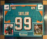 Jason Taylor Signed Miami Dolphin 35"x43" Framed Jersey (JSA) 6xPro Bowl Def End