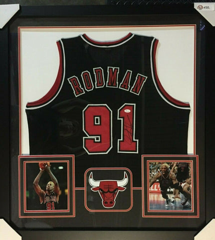 Dennis Rodman Signed Chicago Bulls 36" x 39" Framed Black Jersey (JSA COA)