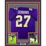 Framed Autographed/Signed JK J.K. Dobbins 33x42 Baltimore Purple Jersey JSA COA