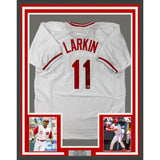 Framed Autographed/Signed Barry Larkin 33x42 Cincinnati White Jersey BAS COA