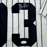 Framed Autographed/Signed Ben Rice 35x39 New York Pinstripe Jersey JSA COA