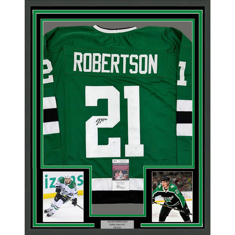 Framed Autographed/Signed Jason Robertson 35x39 Dallas Green Jersey JSA COA