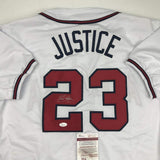 Autographed/Signed David Justice Atlanta White Baseball Jersey JSA COA