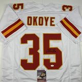 Autographed/Signed CHRISTIAN OKOYE Kansas City White Football Jersey JSA COA