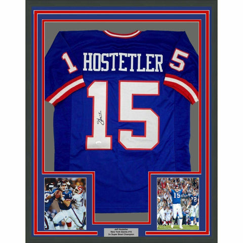 FRAMED Autographed/Signed JEFF HOSTETLER 33x42 New York Blue Jersey JSA COA Auto