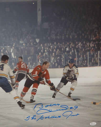 Bobby Hull Autographed 16x20 Photo Vs St Louis w/ The Golden Jet- JSA Auth