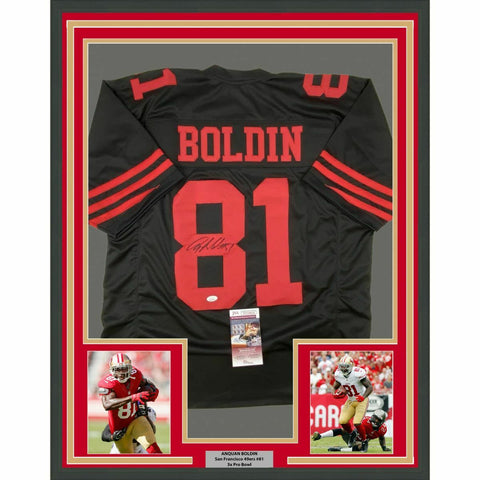 FRAMED Autographed/Signed ANQUAN BOLDIN 33x42 Football Black Jersey JSA COA