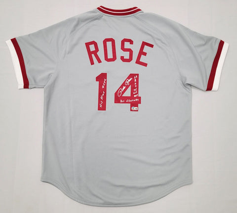 Pete Rose Signed Reds 1975 M&N Gray Authentic Jersey W/ 4 Inscriptions Beckett