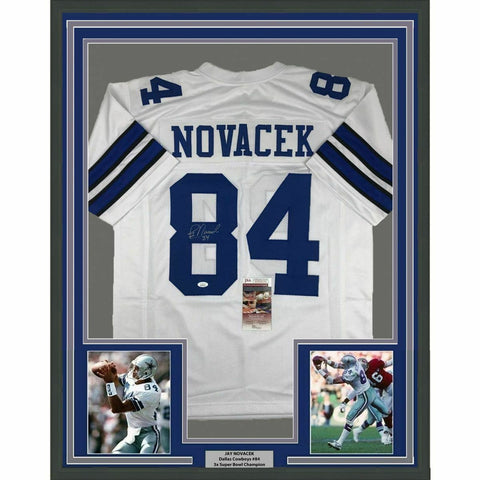 FRAMED Autographed/Signed JAY NOVACEK 33x42 Dallas White Football Jersey JSA COA