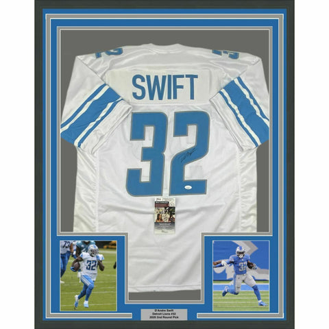 FRAMED Autographed/Signed D'ANDRE SWIFT 33x42 Detroit White Jersey JSA COA Auto