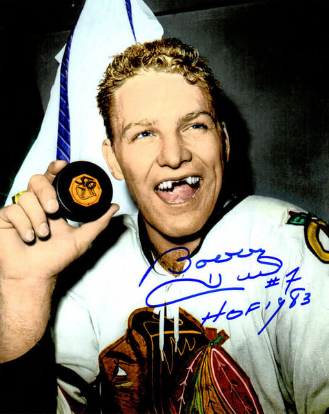 Bobby Hull Signed Blackhawks B&W Holding Puck 8x10 Photo w/HOF 1983 - SCHWARTZ