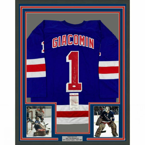 FRAMED Autographed/Signed EDDIE GIACOMIN HOF 33x42 New York Blue Jersey JSA COA