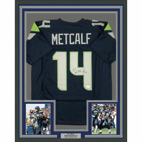 FRAMED Autographed/Signed DK D.K. METCALF 33x42 Seattle Blue Jersey JSA COA Auto