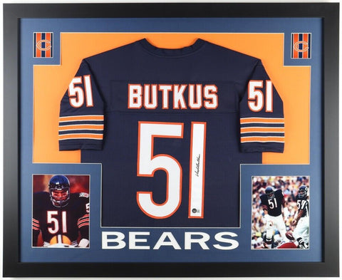 Dick Butkus Signed Chicago Bears 35x43 Framed Jersey (Beckett) 8xPro Bowl LB