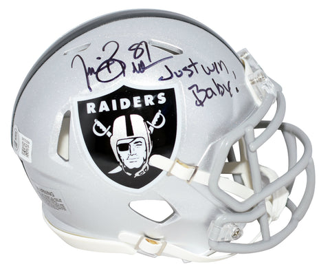 TIM BROWN SIGNED OAKLAND RAIDERS SPEED MINI HELMET W/ JUST WIN BABY