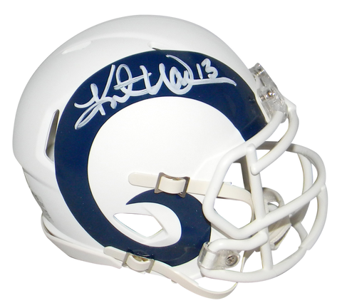 KURT WARNER AUTOGRAPHED SIGNED ST LOUIS RAMS FLAT WHITE SPEED MINI HELMET JSA