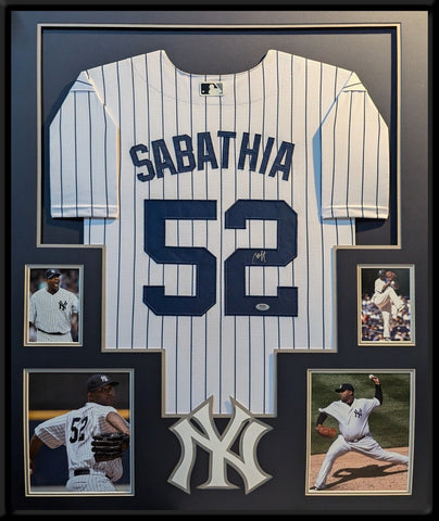 FRAMED NEW YORK YANKEES CC SABATHIA AUTOGRAPHED SIGNED JERSEY PSA COA