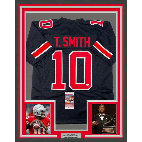 Framed Autographed/Signed Troy Smith Heisman 33x42 06 Ohio State Jersey JSA COA