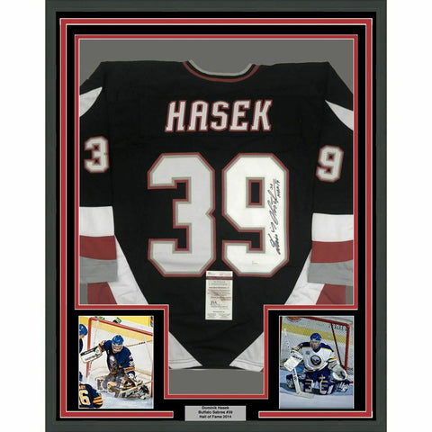 FRAMED Autographed/Signed DOMINIK HASEK HOF 14 33x42 Sabres Black Jersey JSA COA