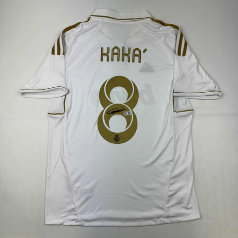 Autographed/Signed Ricardo Kaka Real Madrid White/Gold Soccer Jersey BAS COA