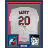 Framed Autographed/Signed Lou Brock 33x42 St Louis White Baseball Jersey JSA COA