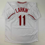 Autographed/Signed Barry Larkin Cincinnati White Baseball Jersey Beckett BAS COA