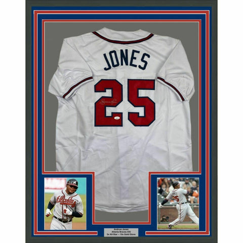 FRAMED Autographed/Signed ANDRUW JONES 33x42 Atlanta White Jersey JSA COA Auto