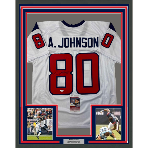 Framed Autographed/Signed Andre Johnson 33x42 Houston White Jersey JSA COA