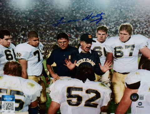 Lou Holtz Autographed Notre Dame 8x10 Huddle Photo- Beckett W Hologram *Blue