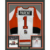 FRAMED Autographed/Signed BERNIE PARENT 33x42 Philadelphia White Jersey JSA COA