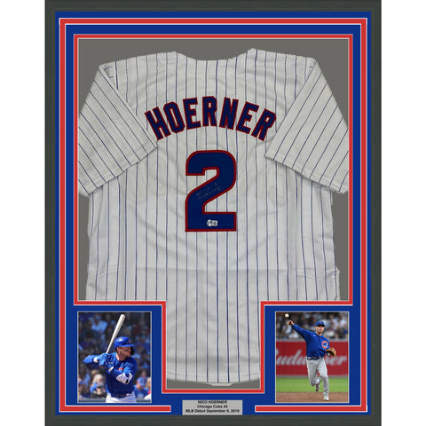 Framed Autographed/Signed Nico Hoerner 35x39 Pinstripe Jersey Beckett BAS COA