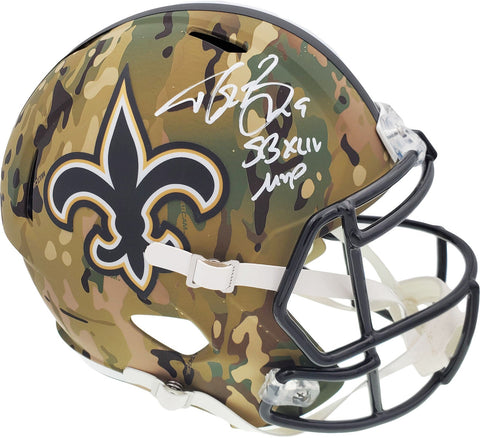 DREW BREES AUTOGRAPHED SAINTS CAMO FULL SIZE SPEED HELMET SB MVP BECKETT 191124