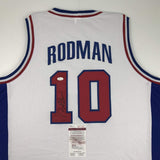 Autographed/Signed DENNIS RODMAN Detroit White Basketball Jersey JSA COA Auto