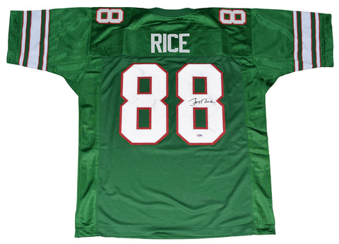 JERRY RICE SIGNED AUTOGRAPHED MISSISSIPPI VALLEY STATE #88 GREEN JERSEY PSA/DNA