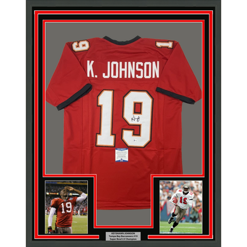 FRAMED Autographed/Signed KEYSHAWN JOHNSON 33x42 Red Football Jersey Beckett COA